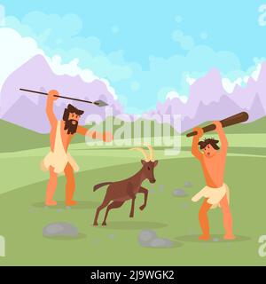 Steinzeitjäger Vektor flache Abbildung Stock Vektor