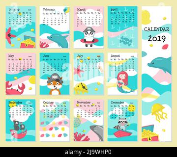 Kalender 2019 Vektor-Vorlage mit Piratentieren Stock Vektor