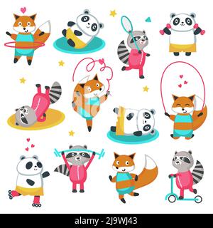 Fitness Waschbär Panda Fuchs Vektor-Icon-Set Stock Vektor