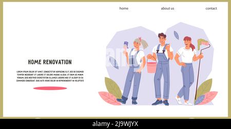 Startseite Renovierung Werke Website Banner-Vorlage mit Malern Arbeiter Zeichen, flache Vektor-Illustration. Hausbemalung und Renovierungsarbeiten werben Stock Vektor