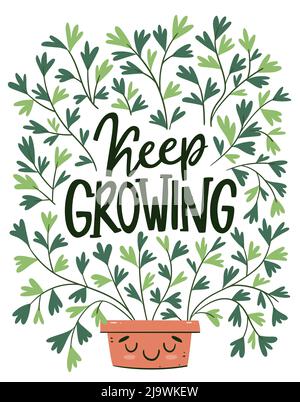 Riesige Pflanze im Cartoon-Stil mit „Keep Growing“-Schriftzug im Inneren. Smiley Pot. Handgezeichnete Vektorgrafik. Stock Vektor