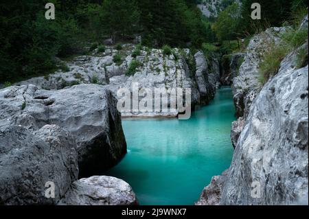 Schöner, ruhiger türkisfarbener Fluss von Soca in einer großen Schlucht. Stockfoto