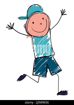 Zarte Kritzelzeichnung eines glücklichen Kindes mit blauer Kleidung, Mütze, offenen Armen und bereit, Sie zu umarmen. Stock Vektor