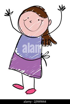 Liebenswert Doodle Zeichnung eines glücklichen Mädchen mit lila Kleidung, ihre Hände angehoben und bereit, dich zu umarmen. Stock Vektor