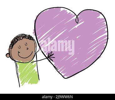 Zarte Brünette Junge umarmt ein rosa Herz als Symbol in der Liebe Ausdruck. Illustration im kindlichen Doodle-Stil. Stock Vektor