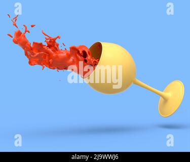 Weinglas mit Rotweinspritzern Flüssigkeit isoliert auf blauem monochromen Hintergrund. 3D Render von Getränkeschablone zum Toasten und Feiern Stockfoto
