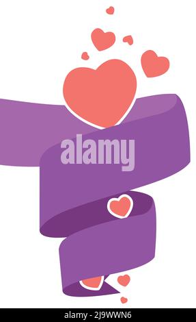 Schablone Design in flachen Stil der Herzen bilden eine vertikale Säule und lila Band wickeln sie. Stock Vektor