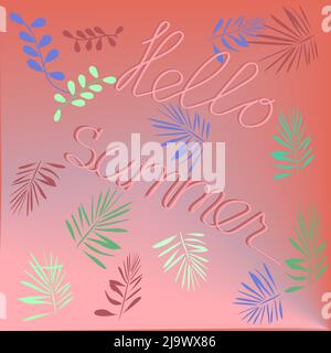 Banner hallo Sommer auf einem roten Hintergrund tropischen Blättern Stock Vektor