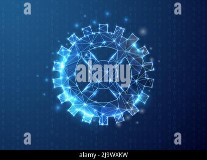 Polygonales Zahnradsymbol mit binärem Code-Hintergrund. Vektordarstellung für das Design des Technologiekonzepts. Blaues Zahnrad mit niedrigem Poly-Symbol und verbundenen Punkten Stock Vektor