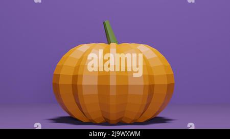 3D Rendering von Low-Poly-Kürbis vor violettem Hintergrund mit leerem Textraum Stockfoto