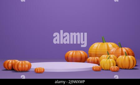 3D Rendering von Low-Poly-Kürbis vor violettem Hintergrund mit leerem Textraum Stockfoto