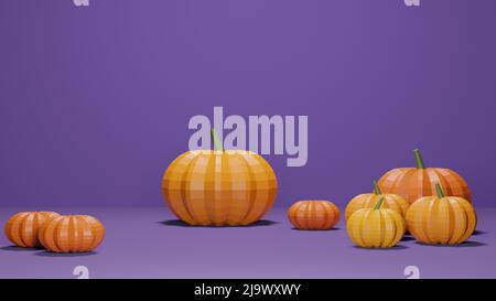3D Rendering von Low-Poly-Kürbis vor violettem Hintergrund mit leerem Textraum Stockfoto
