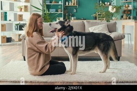 Happy Red haired Teenage Girl Hugs, streichelt ihren Hund, spielt, schaut auf das Tier Stockfoto