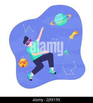 Metaverse oder Virtual Reality Technologiekonzept. Mann in digitaler Brille. Teenager, die ein VR-Headset tragen und Spiele spielen. Eps 10 Stock Vektor