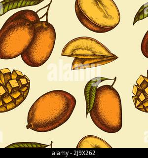 Früchte nahtlose Muster Hintergrund-Design. Gravierte Ausführung. Handgezeichnete Mango. Stock Vektor