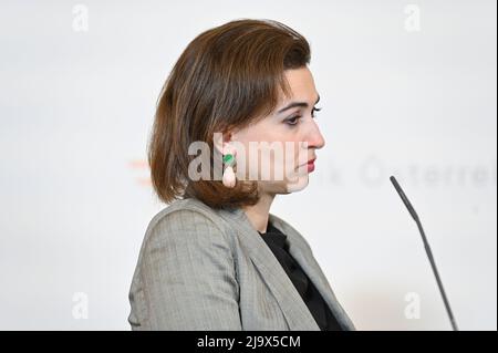 Wien, Österreich. 25. Mai 2022 Pressekonferenz nach der Ministerkonferenz mit der Bundesministerin der Justiz Alma Zadic (die Grünen). Thema: internetsicherheit Stockfoto