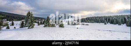 Verschneite Landschaft des Winter-Isergebirges Stockfoto