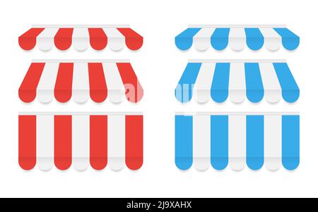 Baldachin-Set. Rote und blaue Markise. Verstauen Sie das Zelt isoliert auf weißem Hintergrund. Realistisch gestreifter Regenschirm. Baldachin-Design für Café, Geschäft oder Hotel. Vektor Stock Vektor