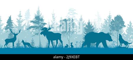 Wald mit Tieren blaue Silhouette. Vektorgrafik Stock Vektor