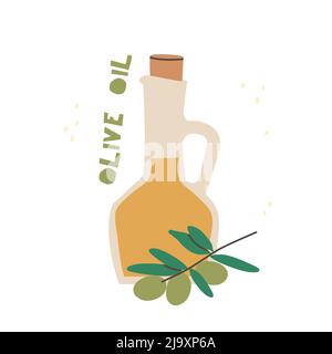 Flasche Olivenöl mit einem Olivenzweig. Flache Vektorgrafik isoliert auf weißem Hintergrund. Stock Vektor