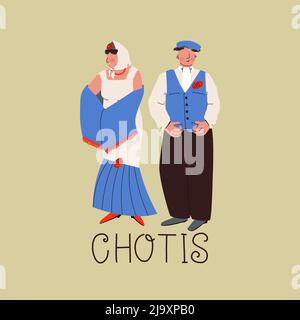 Madrider Tanzdrossel. Mann und Frau in traditionellen spanischen Tanzkostümen. Typisch für das Fest von San Isidro. Vektorgrafik. Stock Vektor