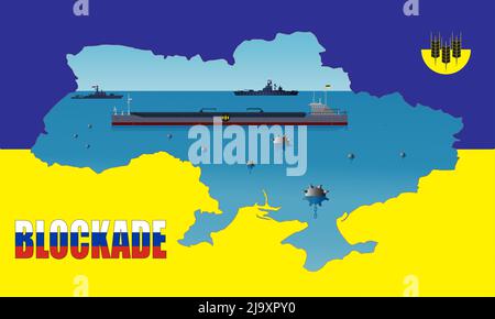 Abbildung eines ukrainischen Massengutfrachters mit Getreide, das von Minen und russischen Schiffen im Schwarzen Meer blockiert wird. Karte der Ukraine auf einer gelb-blauen Flagge. Stock Vektor