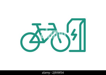 Elektrisches Fahrrad Laden in Ladestation lineares Symbol. Grünes Symbol für die elektrische Ladung des Fahrrads. Umweltfreundliche Elektro-Zyklus aufladen Zeichen. Vector eps batteriebetriebener E-Bike-Transport Stock Vektor