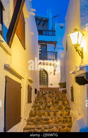 Blick auf Binibeca Vell in der Abenddämmerung, Binibeca Vell, Menorca, Balearen, Spanien, Europa Stockfoto