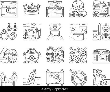 Treasure Golden Jewels In Truhe Icons Set Vector Stock Vektor