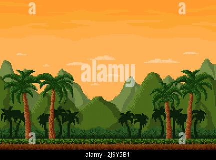 8bit Pixel Dschungel Landschaft, Spiel Ebene Hintergrund mit Wald Bäume und Palmen, Vektor-Pixel-Kunst. 8-Bit-Arcade-Videospiel Hintergrund der wilden tropischen Regenwald Palmen und Berge Stock Vektor