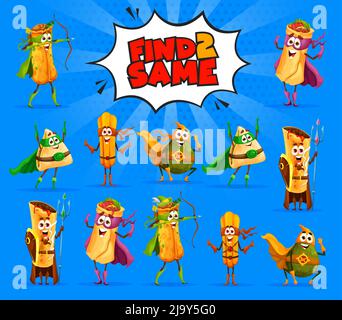 Finden Sie zwei gleiche mexikanische Lebensmittel-Superhelden-Charaktere, Vektor-Retro-Comics Kinder-Spiel mit Cartoon tex mex Persönlichkeiten Burrito, Avocado, Enchiladas und Churros mit Chimichanga auf Pop-Art Halbton Hintergrund Stock Vektor