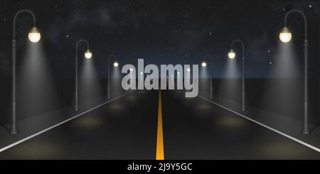 Nachtstraße mit Blick auf Straßenlaternen. Leere Autobahn mit leuchtenden Laternen unter dunklem Sternenhimmel. Megapolis-Infrastruktur mit moderner Beleuchtung realistische 3D-Vektor-Illustration, Hintergrund Stock Vektor