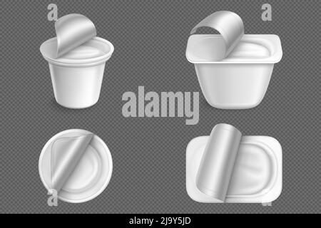 Öffnen Sie die Kunststoffbehälter für Joghurt vor und von oben. Vector realistische 3D Mockup von weißen Tassen mit Joghurt oder Milchprodukt und Foliendeckel isoliert auf transparentem Hintergrund Stock Vektor