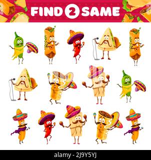 Cartoon lustige mexikanische Lebensmittel-Charaktere, finden Sie zwei gleiche tex mex Persönlichkeiten. Vektor jalapeno, Burrito, Enchiladas, Chili, Tamales und Chimichanga oder Churros Mariachi Künstler pädagogische Rätsel Stock Vektor