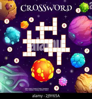 Cartoon Raum Planeten und Sterne, Kreuzworträster Arbeitsblatt Wort, Vektor-Quiz-Spiel zu finden. Suchen und finden Wort der Fantasy-Galaxie und Weltraum-Planeten Farbe von Sand, Magenta, Grün oder Rosa und Rot Stock Vektor