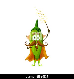 Cartoon lustige jalapeno Zauberer Charakter. Vector grüne Chili Pepper Zauberer Personage mit Zauberstab. Lustige Wiz im Umhang mit Bart und Schnurrbart machen den Zauber aus. Lächelnde Veggies, Totenbeschwörer, Zauberer Stock Vektor