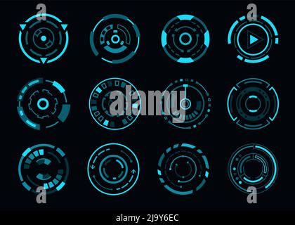 HUD futuristische Zielsteuerung, Ziel- oder Navigationsschnittstelle, Vektor-Dashboard-Zifferblätter. HUD-Ziel- oder Sniper-Fadenkreuz und Radargeräte oder Shot-Scopes, blaue Neon-Navigationssteuerung und Armaturenbrett-Tasten Stock Vektor