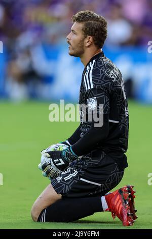 Orlando, Florida, USA. 25. Mai 2022: Torhüter von Orlando City, MASON STAJDUHAR (31), macht beim MLS-Fußballspiel Orlando City gegen Inter Miami am 25. Mai 2022 im Exploria Stadium in Orlando, FL, eine Rettung. (Bild: © Cory Knowlton/ZUMA Press Wire) Bild: ZUMA Press, Inc./Alamy Live News Stockfoto