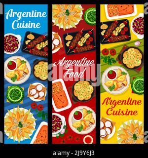 Argentinische Küche und argentinische Lebensmittel Banner mit Gerichten und Mahlzeiten, Vektor-Restaurant-Menü. Argentinische Empanadas, BBQ mit Fleisch- und Würstchengrill, Schimichurri und Bohneneintopf, Kekse und Kuchen Stock Vektor