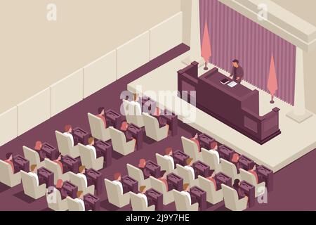 Parlament Regierung isometrische Zusammensetzung mit parlament Kammer Innenlandschaft mit gewählten Beamten und Sprecher mit Text Vektor Illustration Stock Vektor