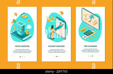 Online-Buchung isolierte vertikale Banner mit Reise-Planung Urlaub und Hotel Buchung isometrische Konzepte Vektor-Illustration Stock Vektor