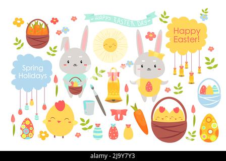 Frohe Ostertage, niedliches Küken und lustige Hase Tiere, Garten Frühling Blumen und Gras Stock Vektor