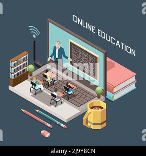 Online-Bildungsdesign-Konzept mit Dozent an der Tafel ob großen pc-Bildschirm und kleine Schüler sitzen an Schreibtischen auf großen Tastatur isometrischen Vektor illu Stock Vektor