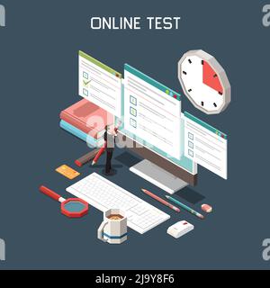Online-Test isometrischer Hintergrund mit Formen der Befragung auf Computer-Bildschirm für Internet-Prüfung oder Quiz Vektor Illustration verwendet Stock Vektor