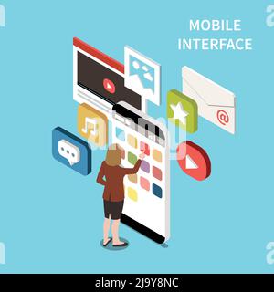 Mobile Interface isometrisches Design-Konzept mit E-Mail Video Chat Musik App Zeichen und Symbole auf Smartphone-Bildschirm Vektor-Illustration Stock Vektor