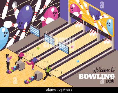 Bowlingbahn Party Center Lounge begrüßt Kunden isometrisches Werbeplakat mit Clubmitgliedern spielen Spiel Vektor Illustration Stock Vektor