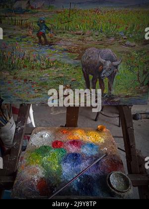 Handgemalte originale Meisterwerke des Impressionismus Malerei Kunst Ölfarbe Malerei Pflugmann Büffel Überfluss Landwirt in den Provinzen in thailand Stockfoto