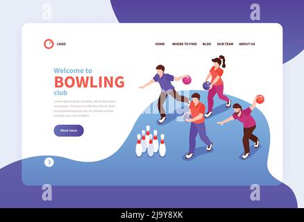 Bowling Club isometrische Landing Page begrüßen neue Mitglieder mit konkurrierenden Bowler klopfen nach unten Pins Banner Vektor Illustration Stock Vektor