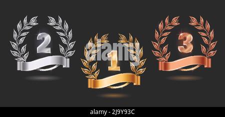 Wettbewerb Auszeichnungen Embleme realistische Set mit goldenem Silber und Bronze auf schwarzem Hintergrund isoliert Vektor Illustration Stock Vektor