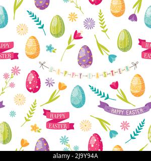 Ostern Cartoon nahtlose Muster mit Blume Eier und Bänder Vektor-Illustration Stock Vektor